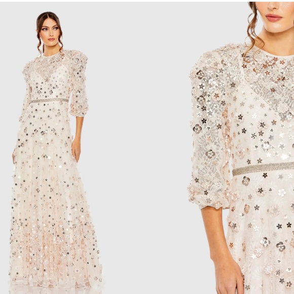 MAC DUGGAL 93805 FLORAL APPLIQUE PUFF SLEEVE HIGH NECK A-LINE BLUSH GOWN sz 12